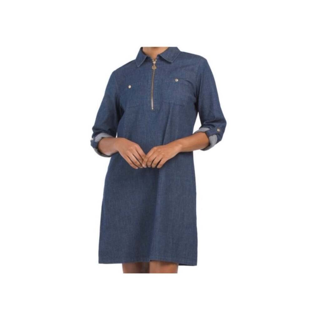 Ann Klein Medium Wash Denim Tabbed Sleeve Shirt Dress Gold Zipper Size 4